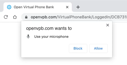 screenshot of the warning popup box that says openVPB.com wants to use your microphone