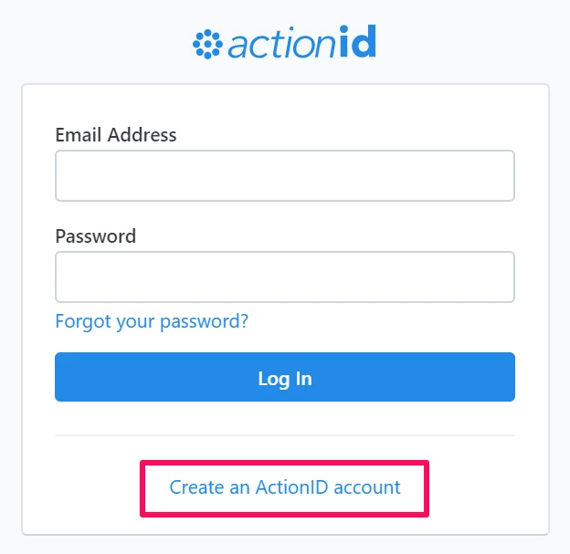 screenshot of actionid login screen with create an actionid account link highlighted