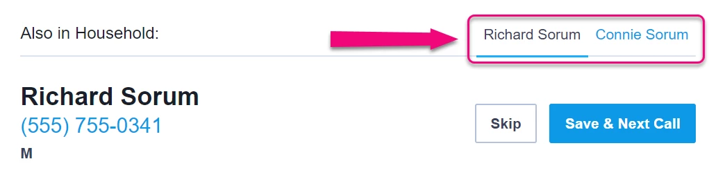 close-up of tabs for household members Richard Sorum and Connie Sorum