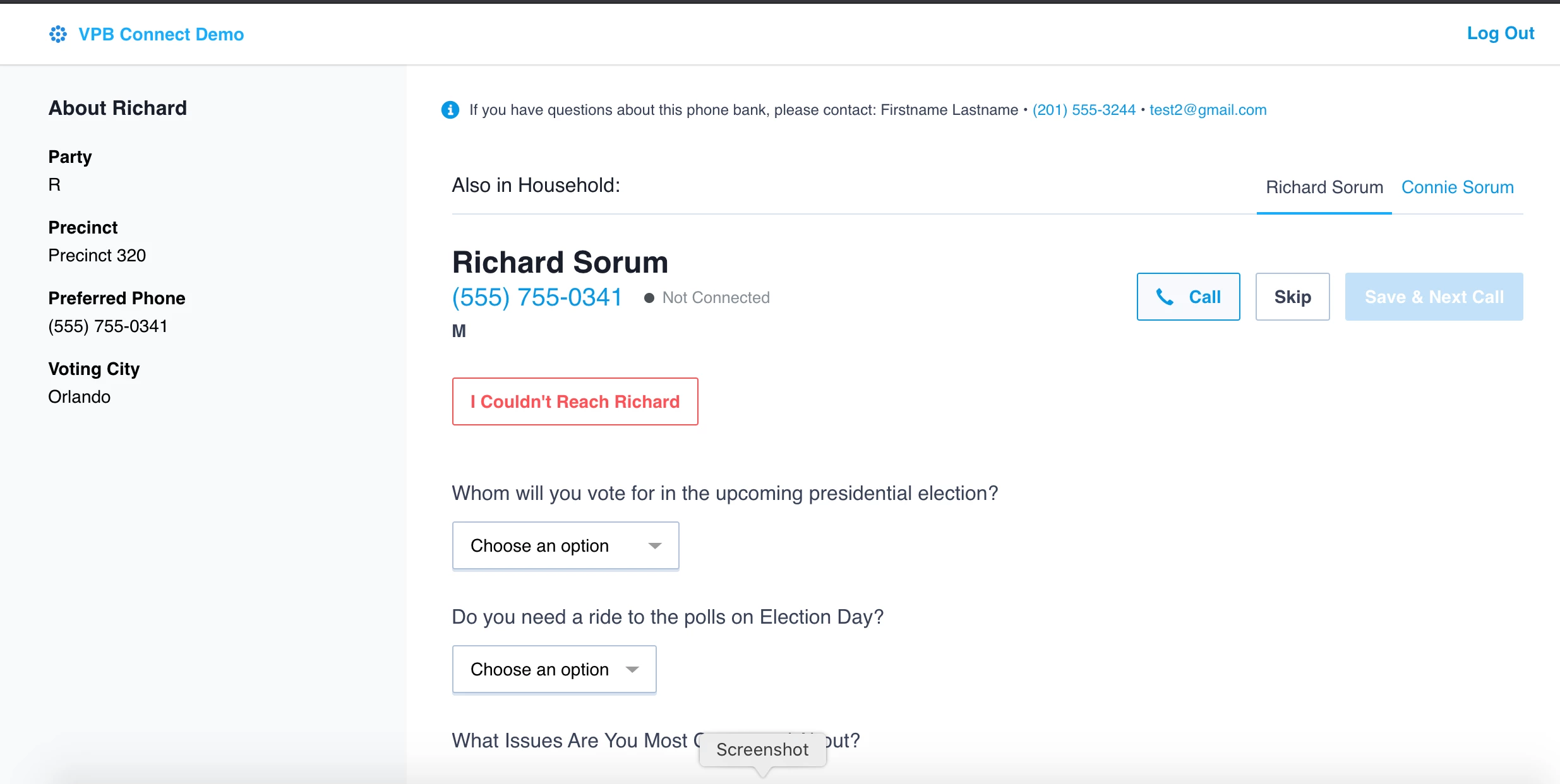 screenshot of the phone bank page that callers will see