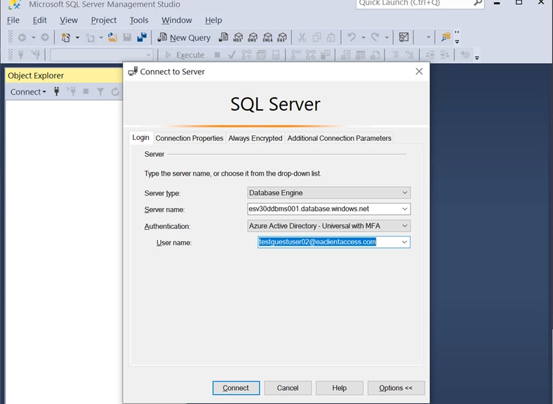 Connection screen with details filled in