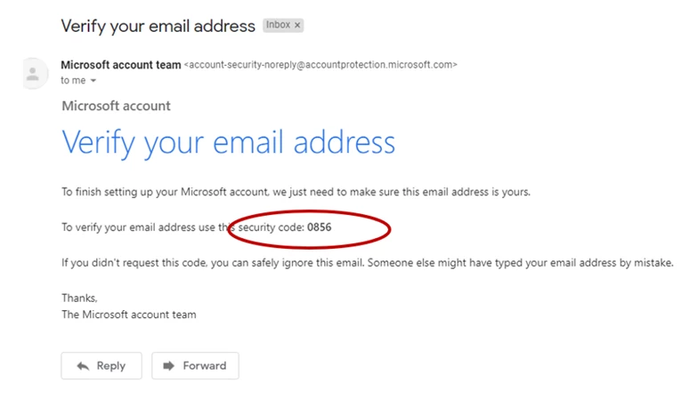 Verify email with security code highlighted