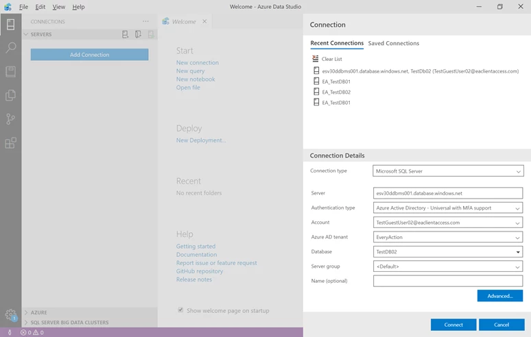 Connection screen with details filled in