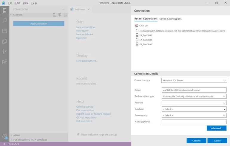 Azure connection screen