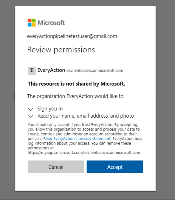 Review Permissions screen