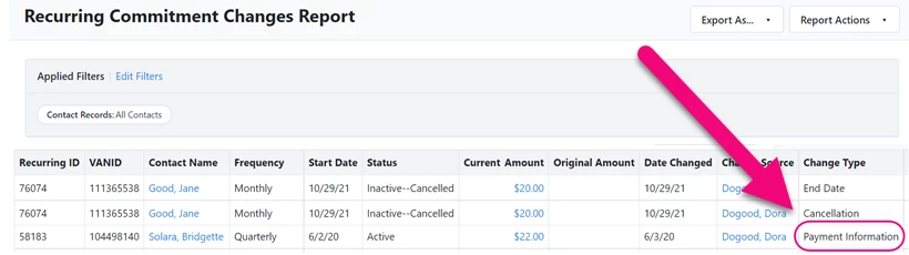Change Type > Payment Information example is highlighted in a sample report