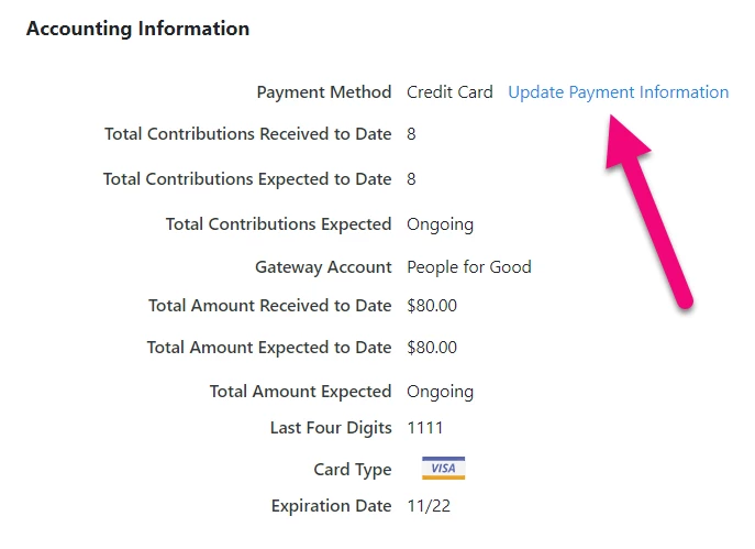 Update payment information link is highlighted under the Accounting Information section