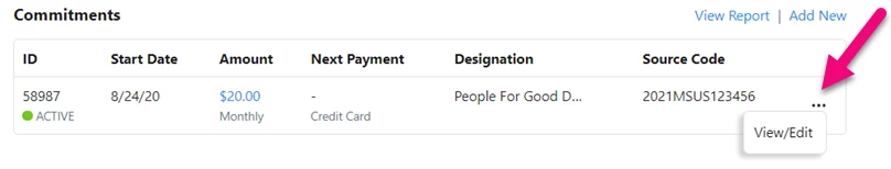 Action menu under the Commitments section is open to show View/Edit