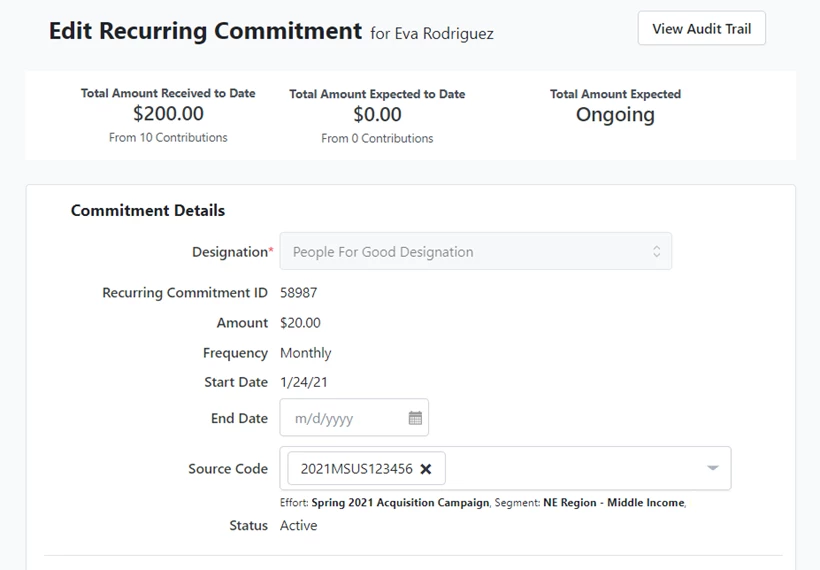 Example of details page for a recurring commitment