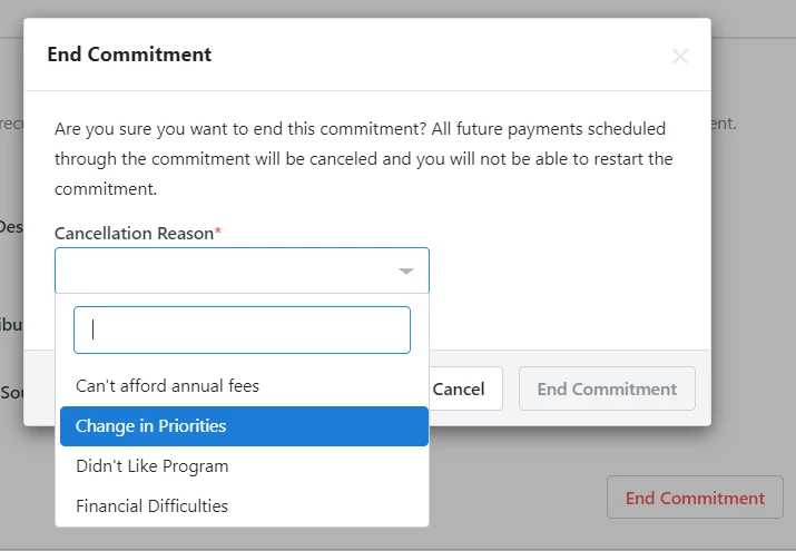 Example of choosing reason from dropdown list on End Commitment modal