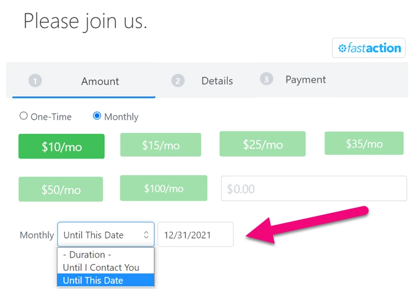 Example of setting an end date using the dropdown on a contribution form