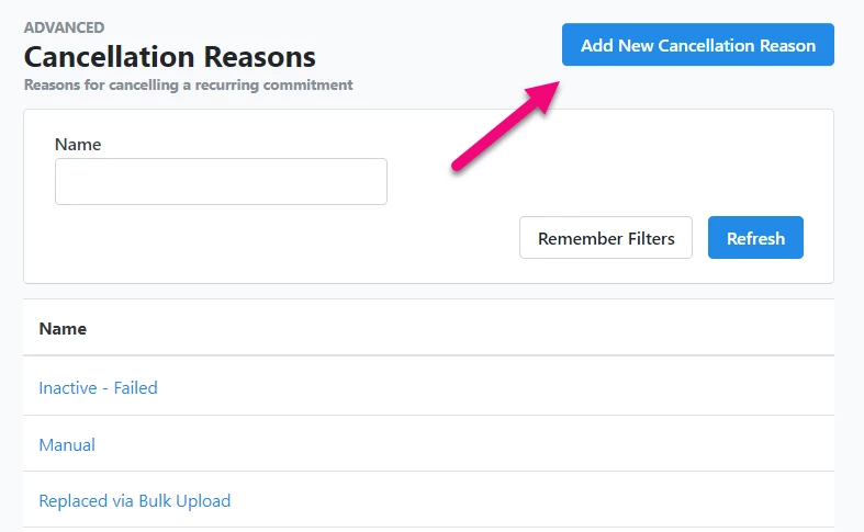 Add New Cancellation Reason is highlighted on the page