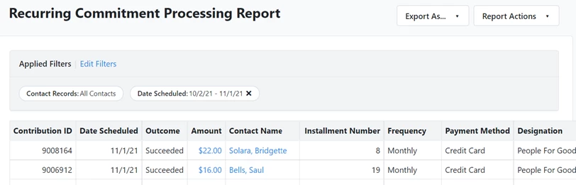 example of recurring commitment processing report