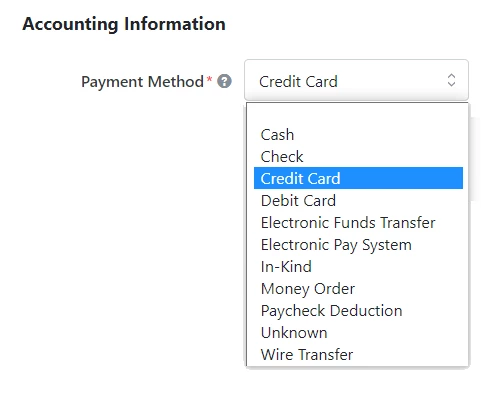 Example of payment methods in dropdown