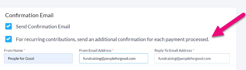 Checkbox for sending additional confirmation for each payment processed