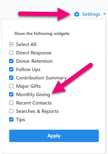 Example of selecting Monthly Giving in settings