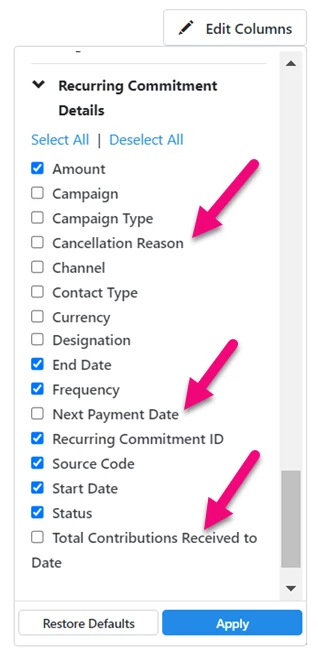 highlights extrea columns that might be helpful from the Recurring Commitments section (Cancellation Reason, Next Payment Date, Total Rec'd to Date)