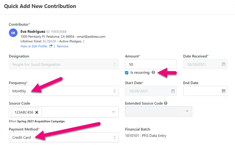 Example of entering a recurring commitment in a batch entry screen