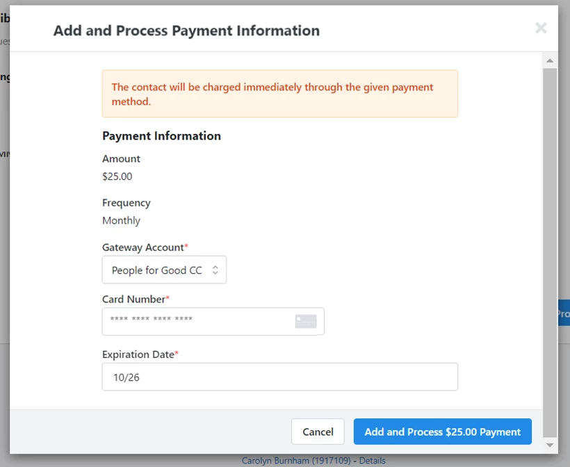 Shows modal asking for payment information with an Add and Process button