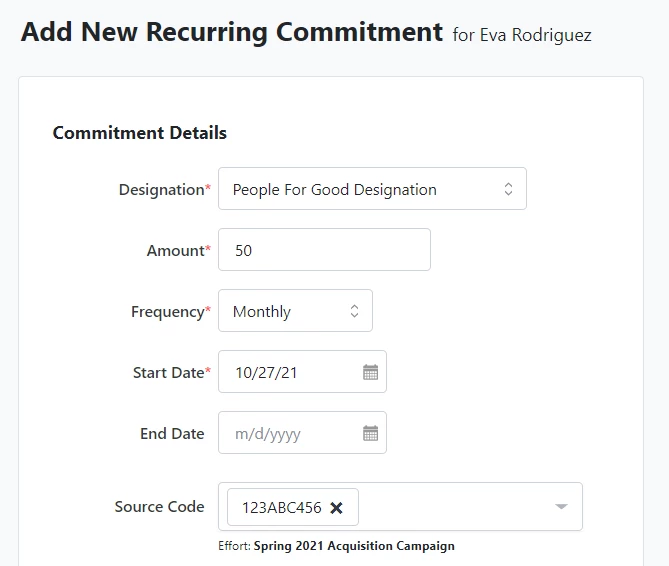 Example of manually adding a new Recurring Commitment