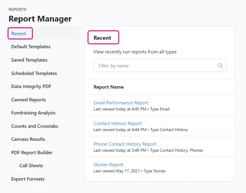 Report manager landing page