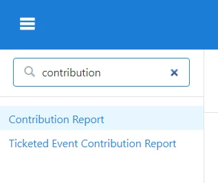 Searching in the Sidebar search box for Contribution Report