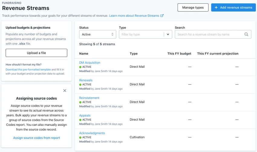 Main Revenue Streams List Page