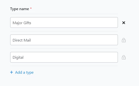 Revenue Type screen with one item with an X and the others locked