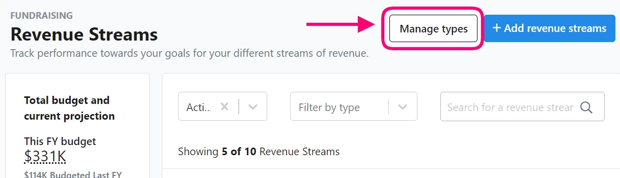 Revenue Streams list page with Manage Types highlighted