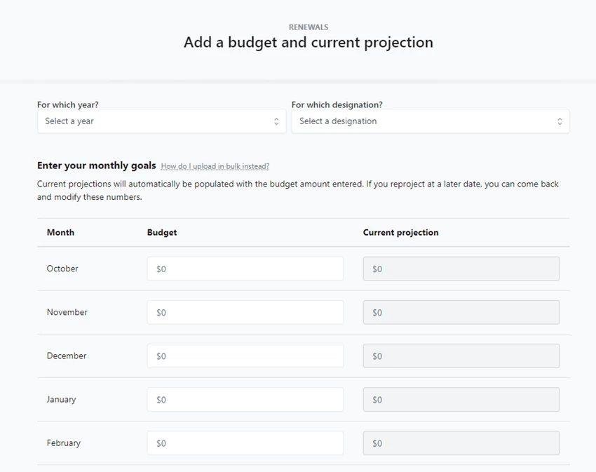 Example of manual add of budget items