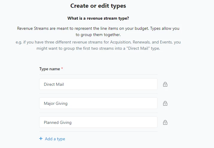 A list of Revenue Stream Types
