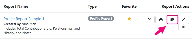 Copy icon highlighted next to report template name