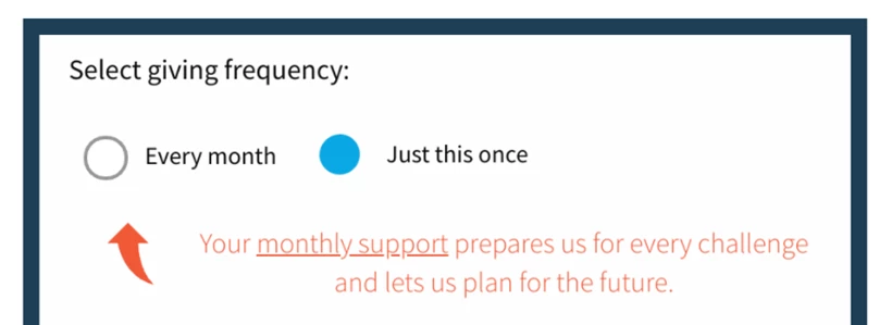 Example of a donor ask that says "Your monthly support prepares us for every challenge and let's us plan for the future"