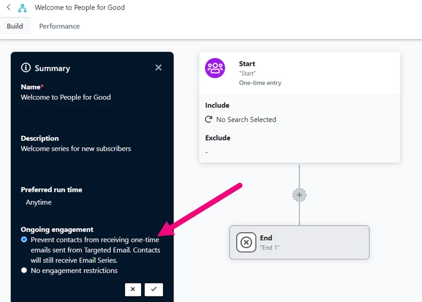 Prevent contacts from receiving one-time emails is highlighted in the Summary area