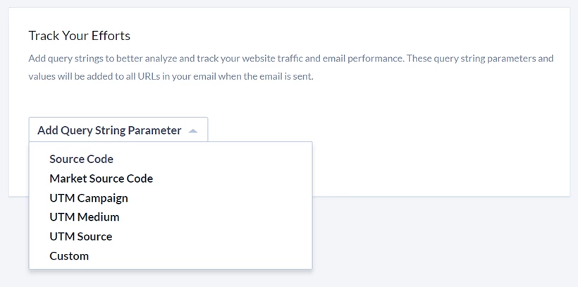 Query String dropdown shows Source Code, Market Source Code, UTM Campaign, UTM Medium, UTM Source, Custom