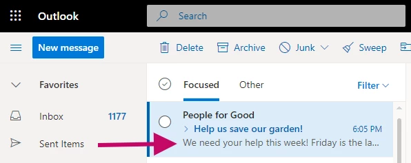 Example of where a preheader can be seen in outlook