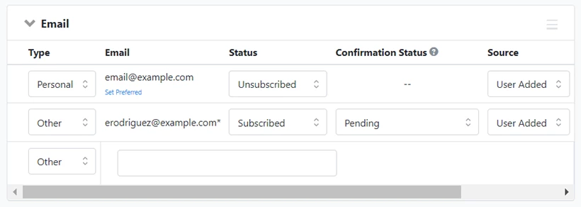 example of emails and subscription statuses on contact record