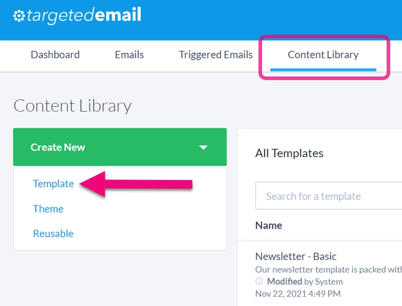 Template link is highlighted