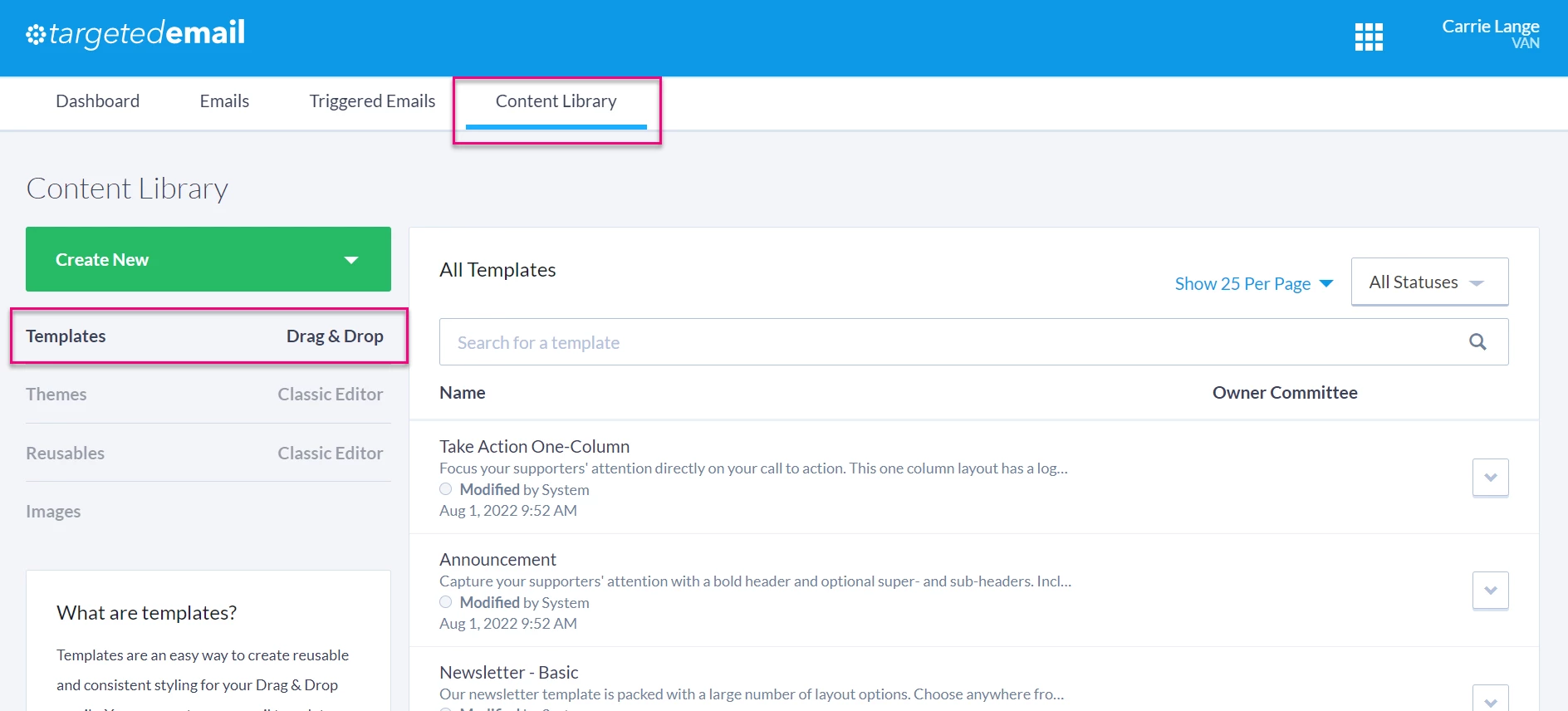 Content Library, Templates
