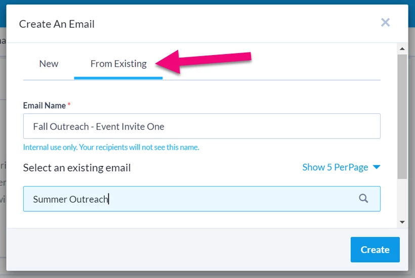 From Existing is highlighted in the create email dialogue