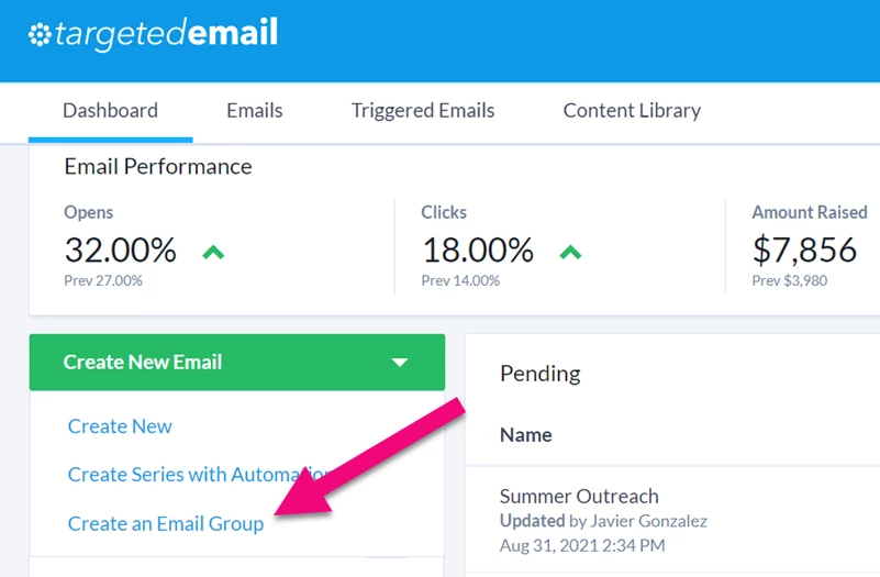 Create an Email Group is highlighted in the Create New dropdown