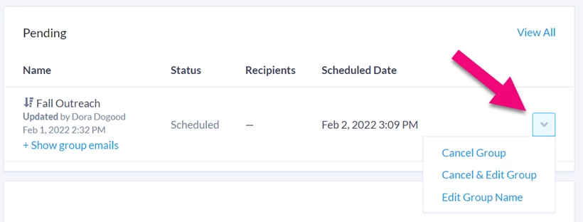 Dropbox for cancelling or editing a pending email group