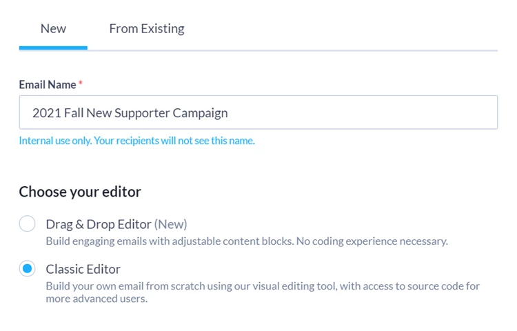 Selecting the Classic Editor when creating a new email
