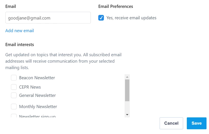 example of email section of self-service page