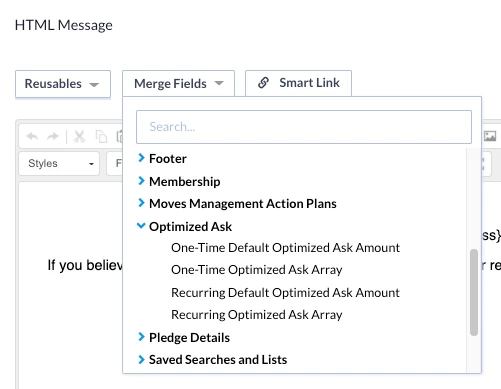List of Optimized Ask merge fields from dropdown