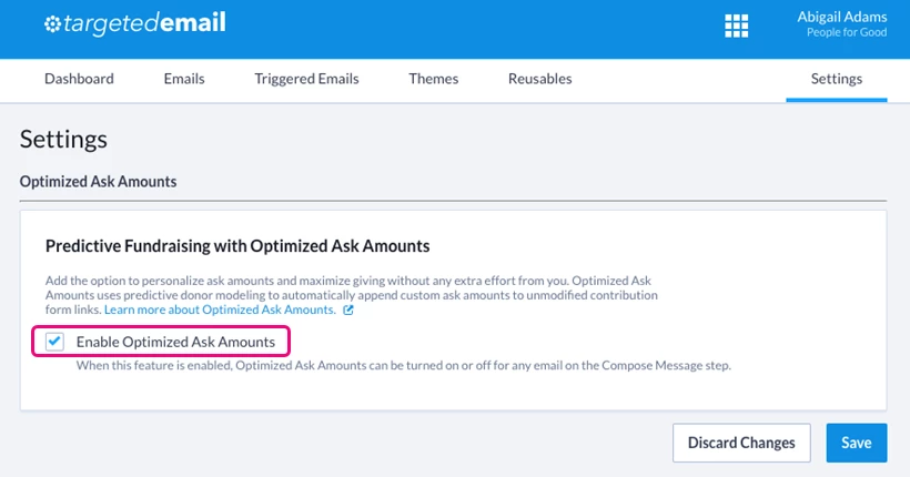 Settings box for turning off optimized asks