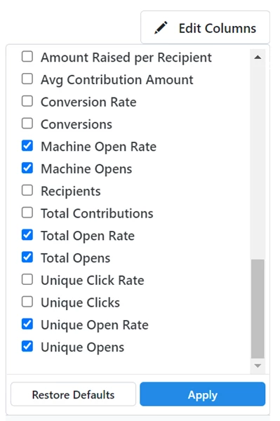 Examples of columns you can add for machine opens