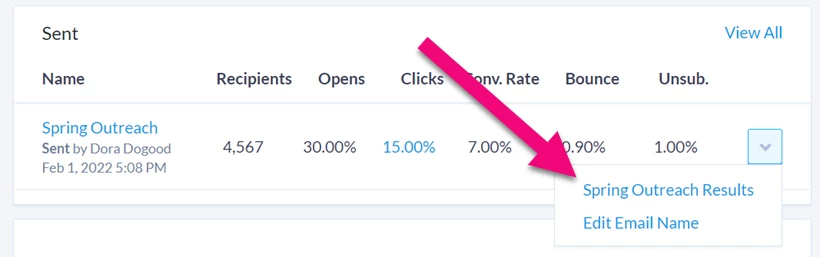 Results link is highlighted in dropdown