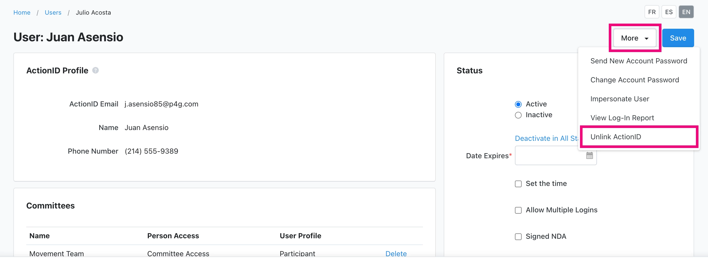 User Record, More > Unlink Action ID