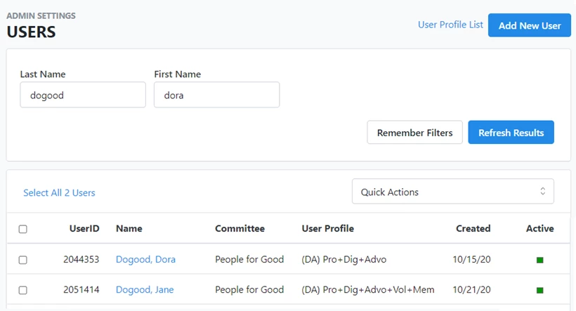 user list page example